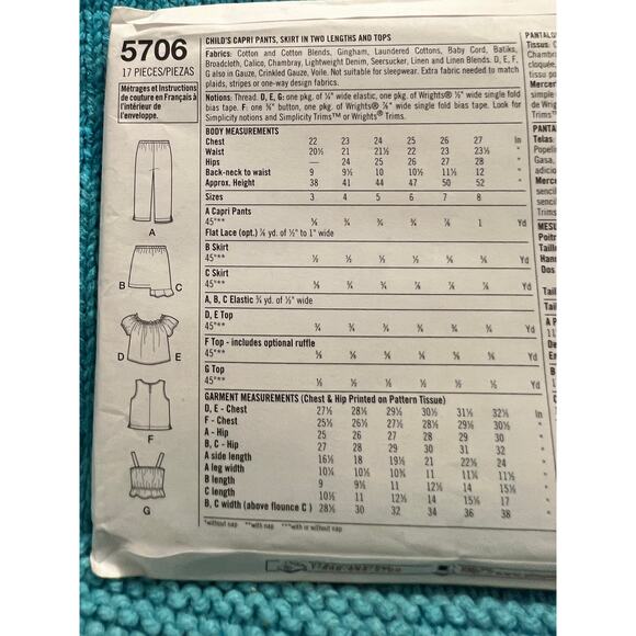 Simplicity 5706 pattern girls blouse capri pants skirt tank top size 5 6 7 8 - Picture 4 of 6